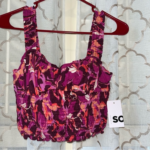 SO Junior Smocked Crop Top Purple Pink Orange Elastic Back Front Small NWOT - Picture 1 of 6